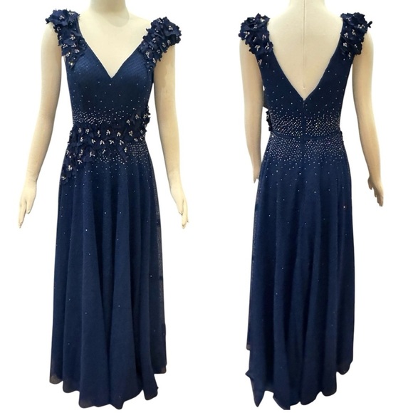 MAC DUGGAL Floral Applique Embroidered A-Line V-Neck Formal Gown Maxi Dress NEW - Picture 14 of 16